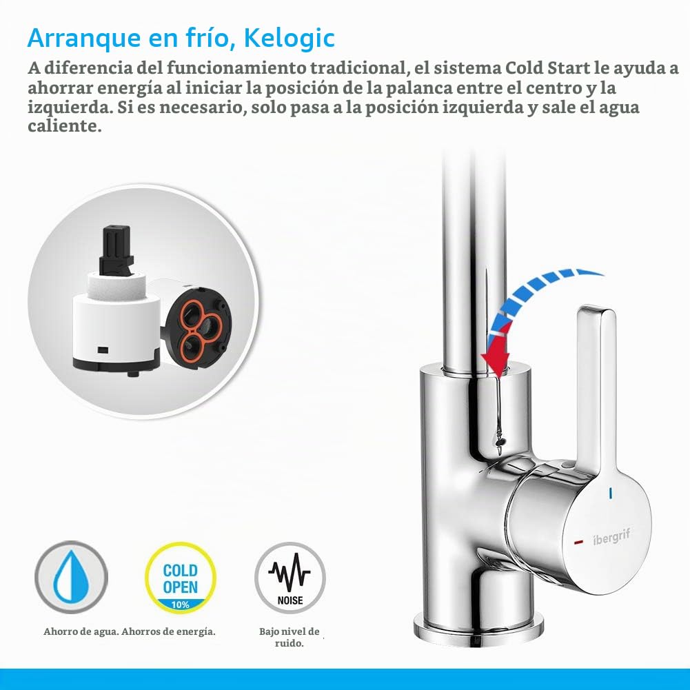 Ibergrif M22105 Grifo de Cocina con Caño Alto, Grifo para Fregadero Giratorio 360 °, Cold Start, Ahorro de Energía, Cromado