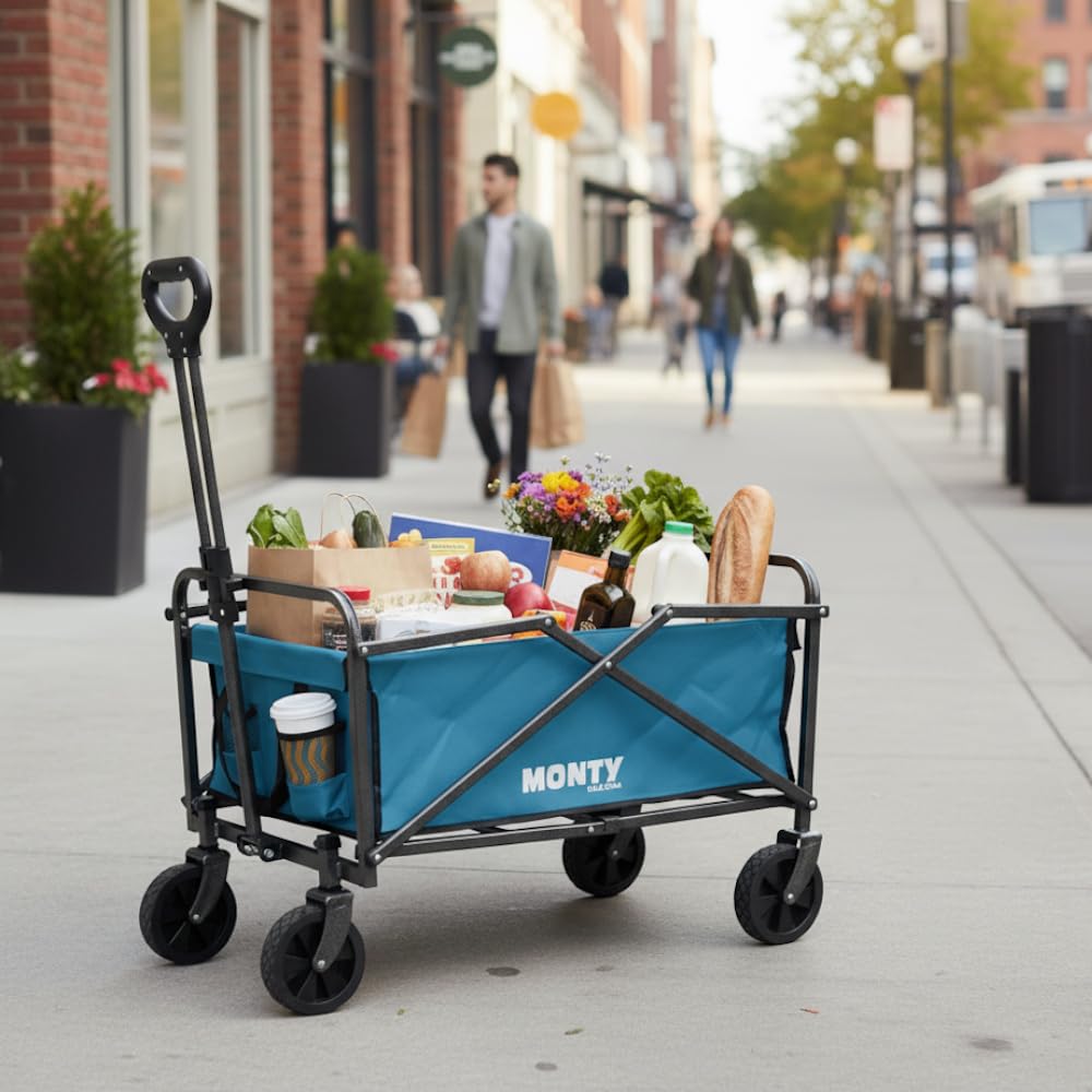 MONTY Carretilla Trolley Plegable Azul | 55 litros, 60 Kg | Estructura Acero con Pintura Anticorrosión, Mango Telescópico y Ruedas Giratorias Todoterreno | 2 Portabotellas