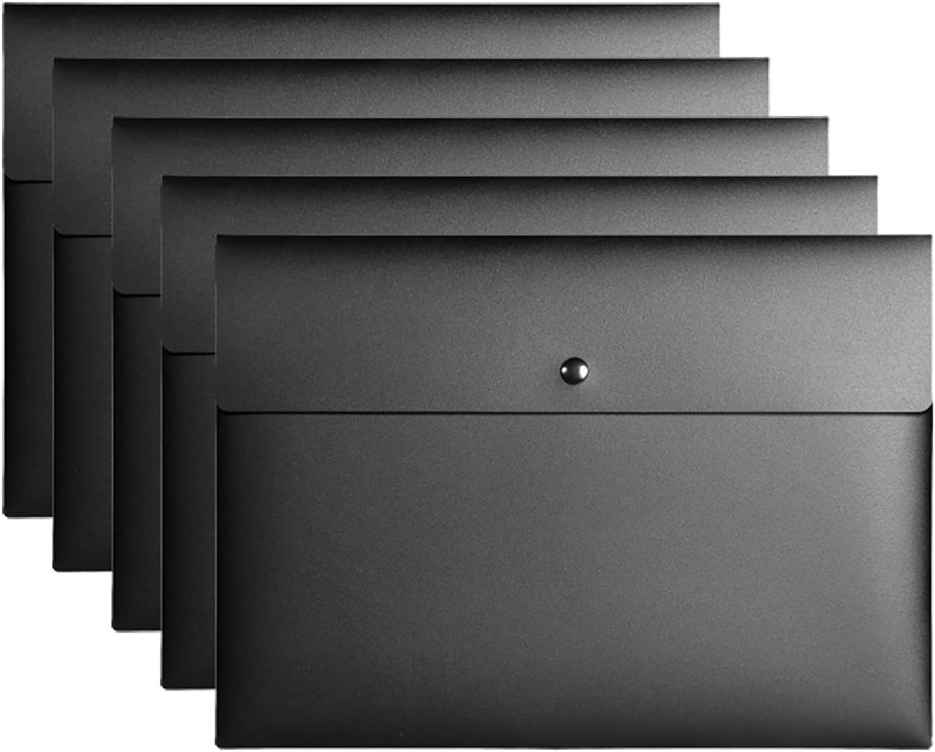 VANRA 5 Pieces A4 Envelopes Folders for Paperwork Plastic Wallets Document Organizer with Snap Button Closure A4 Letter Size (Black)