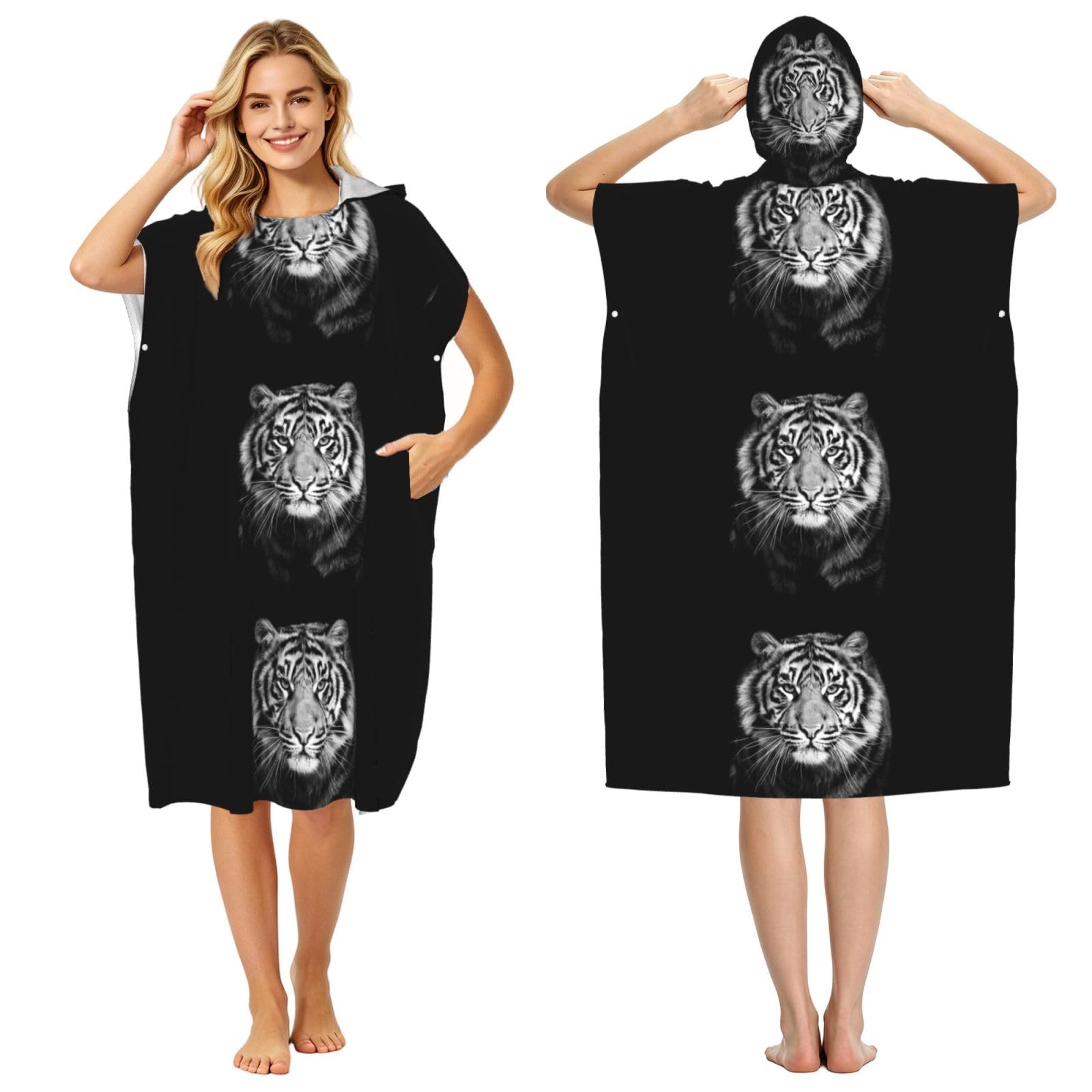 Poadnly White Tiger, Adult Hooded Beach Towel 90 x 110 cm,Changing Bath Robe, Surf Poncho Towel For Women Men