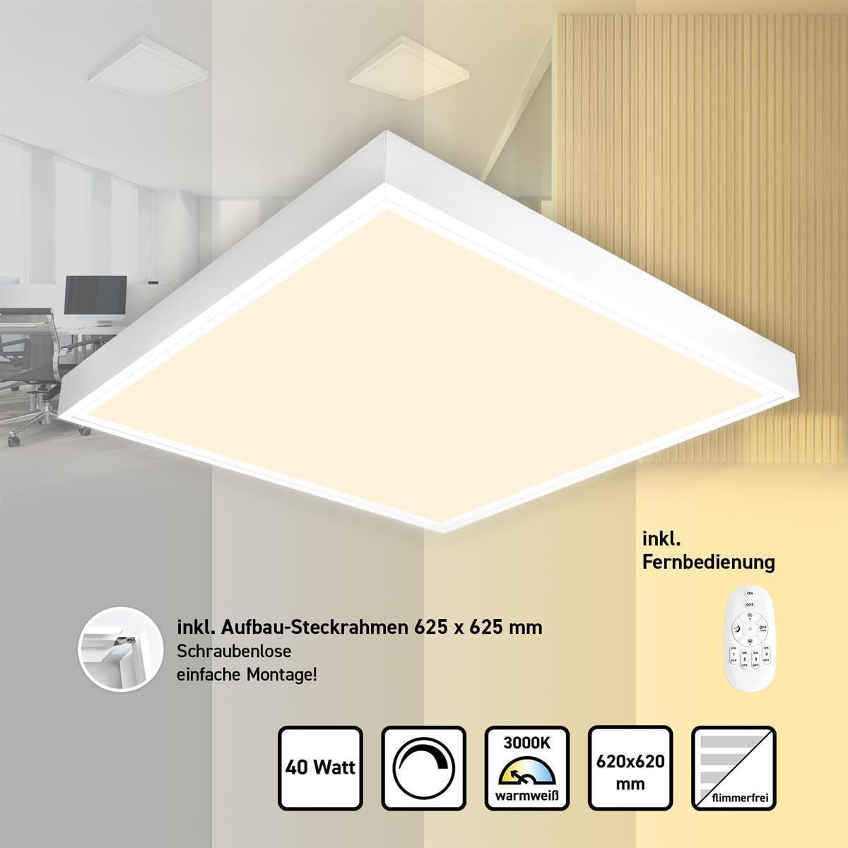 LED Panel 62x62 Neutralweiß 4000K dimmbar Fernbedienung | 40W 3400lm Aufbaurahmen Alu weiß Deckenleuchte Netzteil PLe2.2
