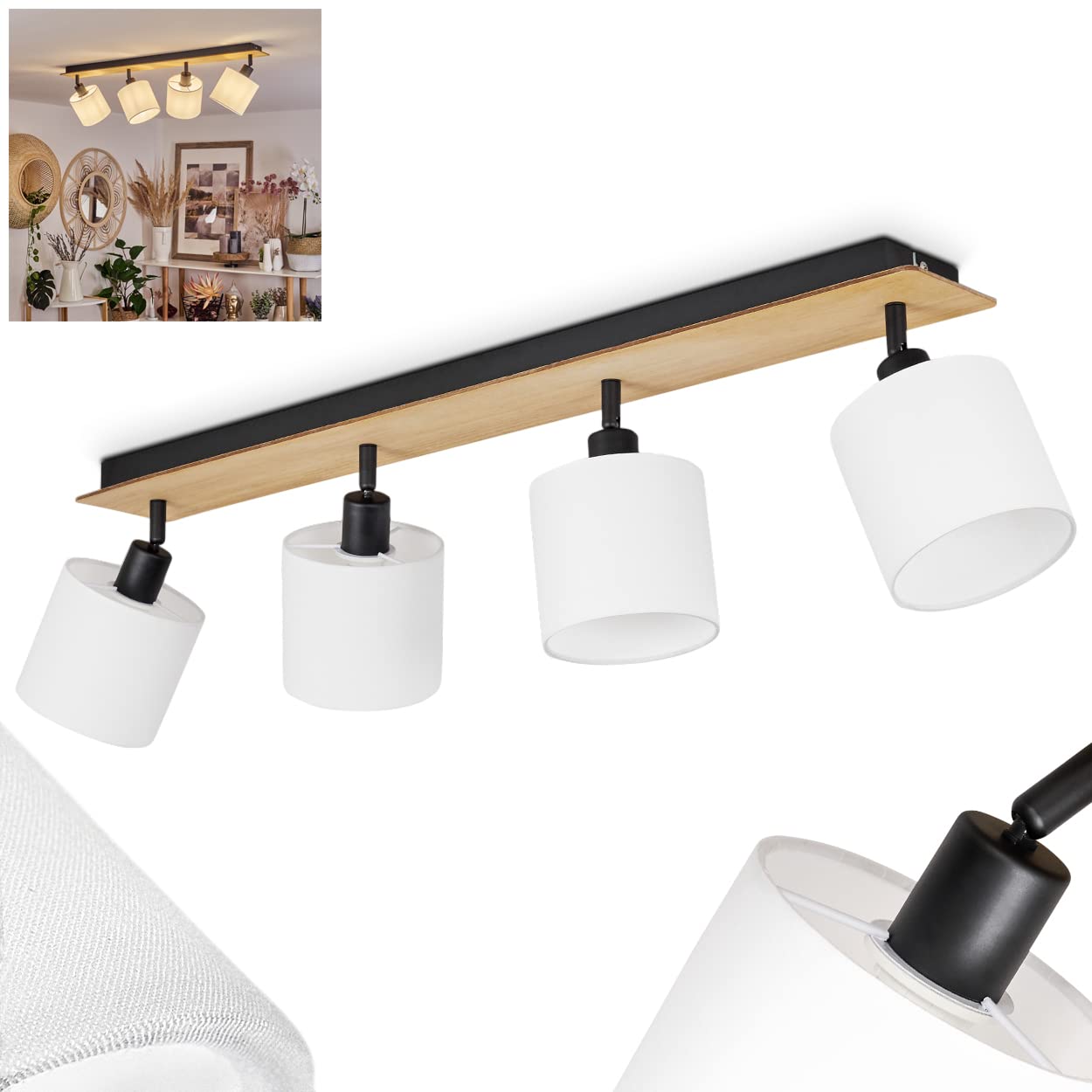 Plafonnier Alsen, plafonnier moderne en bois/métal/tissu naturel/noir/blanc, luminaire au design scandinave avec abat-jour orientable, 4 flammes, 4 x E14, sans ampoules