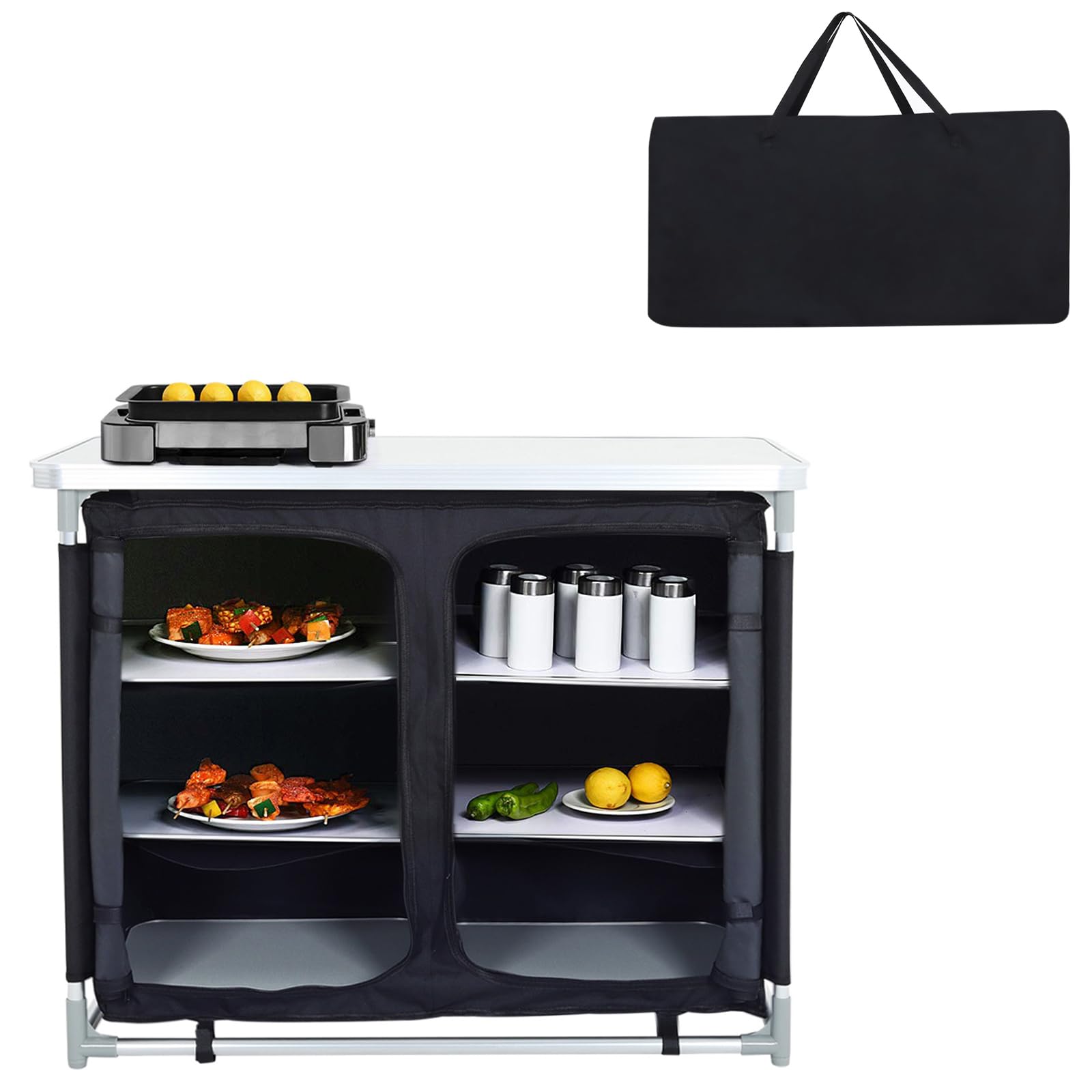 Warmiehomy Folding Camping Table Storage Cupboard Portable Camping Kitchen Unit with Aluminium Frame, 1 double cupboard, 100×50×80cm