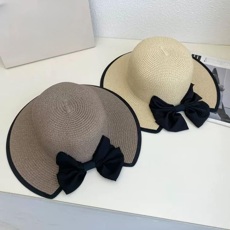Sombrero de Paja Transpirable para Mujer,Sombrero de Verano de ala Ancha con Protección UV y Lazo Decorativo,Sombrero de Playa Ligera para Vacaciones,Viajes y Actividades Al Aire Libre