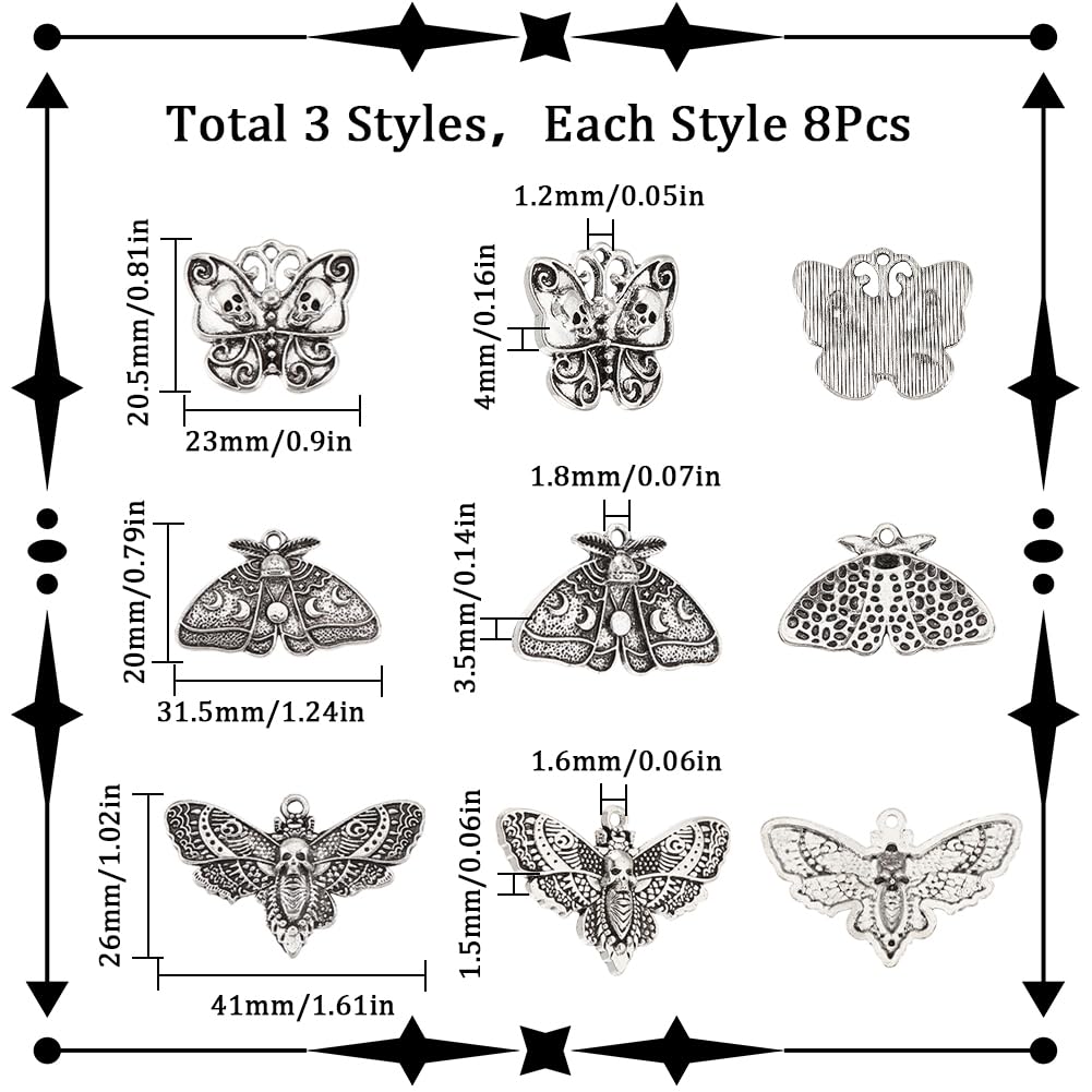 SUNNYCLUE 1 Box 24Pcs Moth Charms Halloween Antique Silver Skull Charms Gothic Style Moon Phase Moth Insect Charm Butterfly Skeleton Head Horror Charm for jewellery Making Charms DIY Craft Supplies - Image 2
