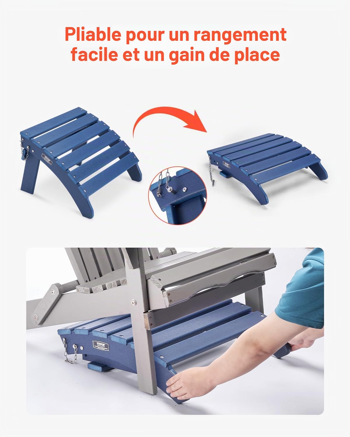 VEVOR Repose-pieds Pliable Adirondack, 475x480x350 mm, en PEHD, Résistant aux Intempéries pour Chaise Adirondack, Montage Facile, pour Extérieur, Patio, Porche, Piscine, Pelouse, Arrière-cour, Bleu