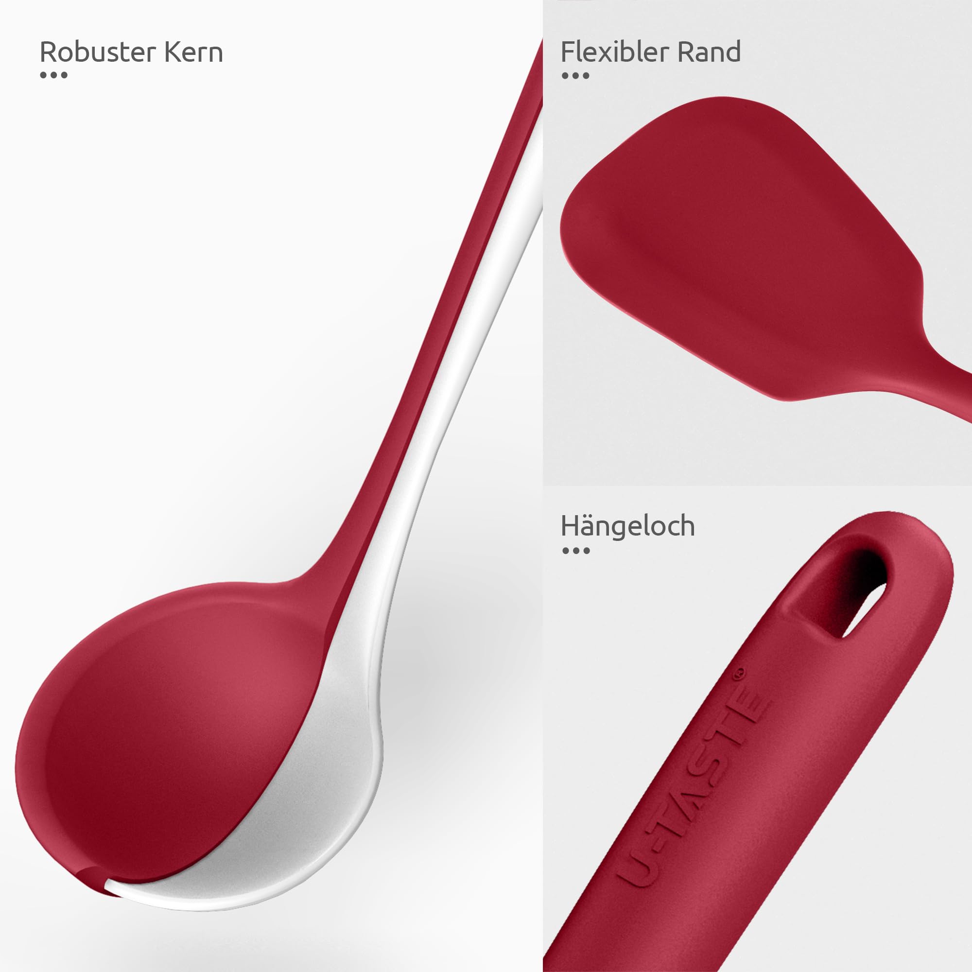 U-Taste 5 Stück Silikon Küchenhelfer, 315℃ hitzebeständiger, Rot | Kochutensilien, antihaftbeschichtetes Pfannenwender Löffel zum Mischen Servieren Braten Rühren