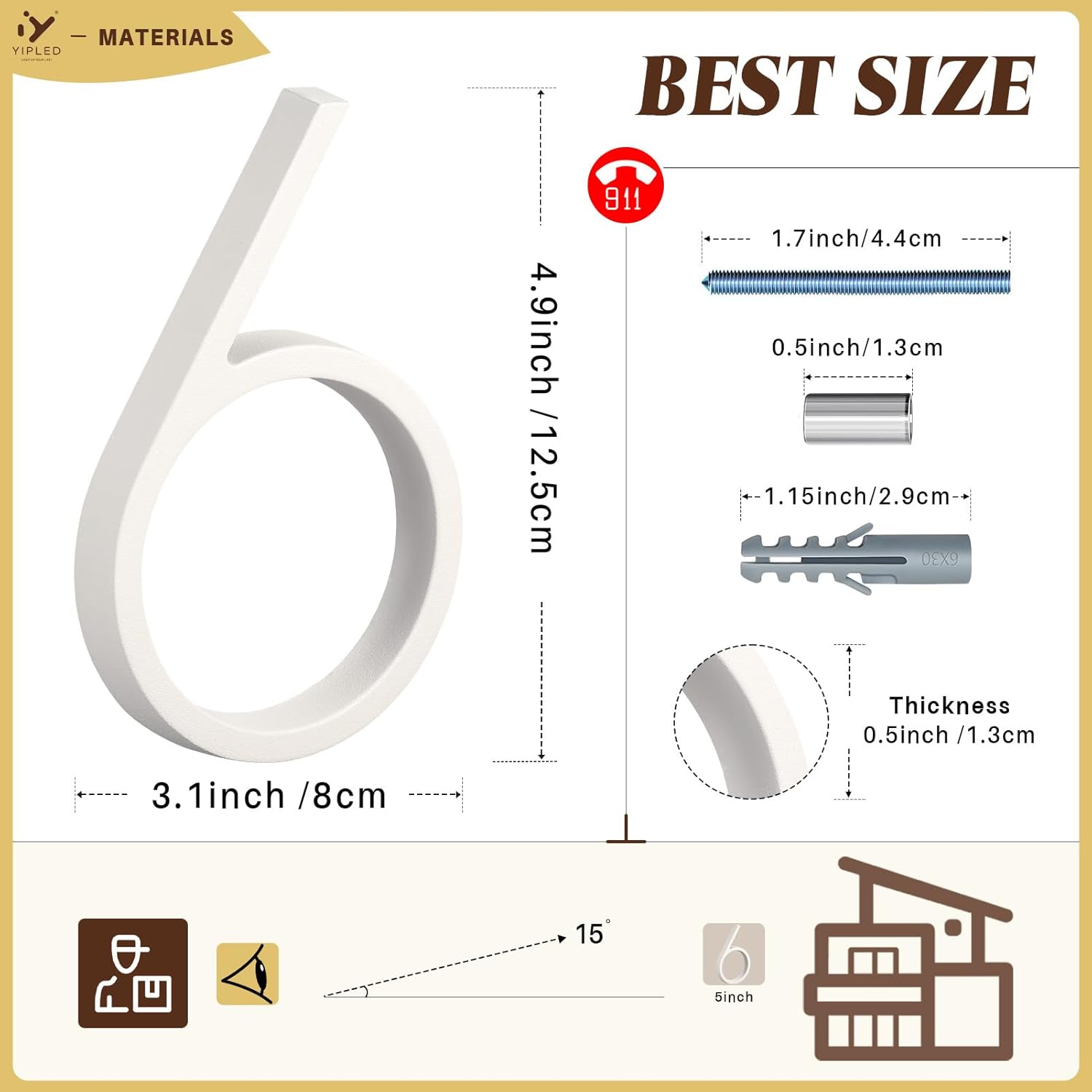 5 Inch House Numbers for Outside, Metal Address Number 6- Modern Design, Weather-Resistant White Crystal Powder Coated Finish, Stain Resistant, No Paint Peeling (White)