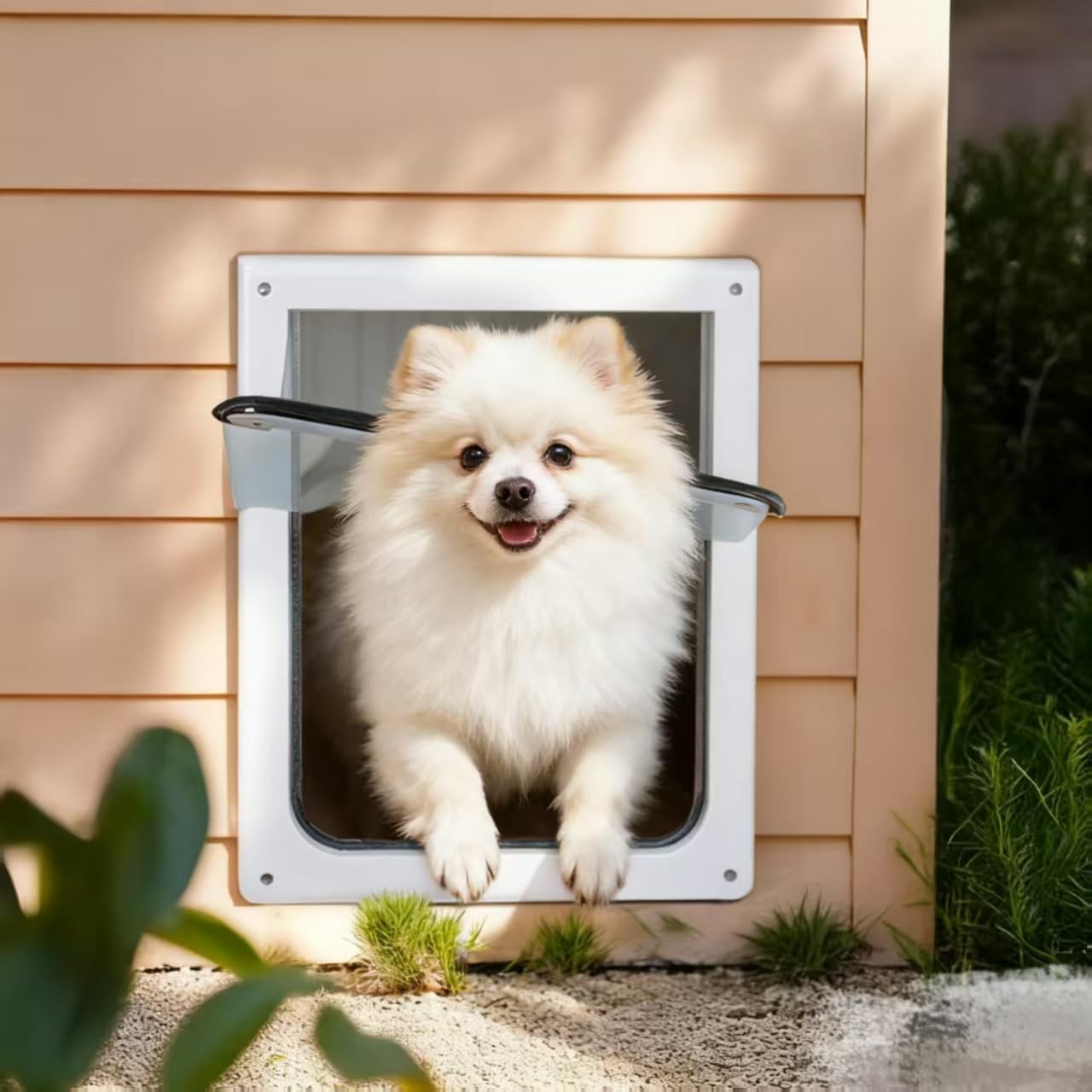 PAWISE 2 Way Dog Door, Lockable Doggy Door with Safe Metal Panel & Flexible Transparent Flap, Weatherproof & Easy Install Pet Door for Dogs and Cats, Quiet Design Dog Flap (9.8"x11.4")