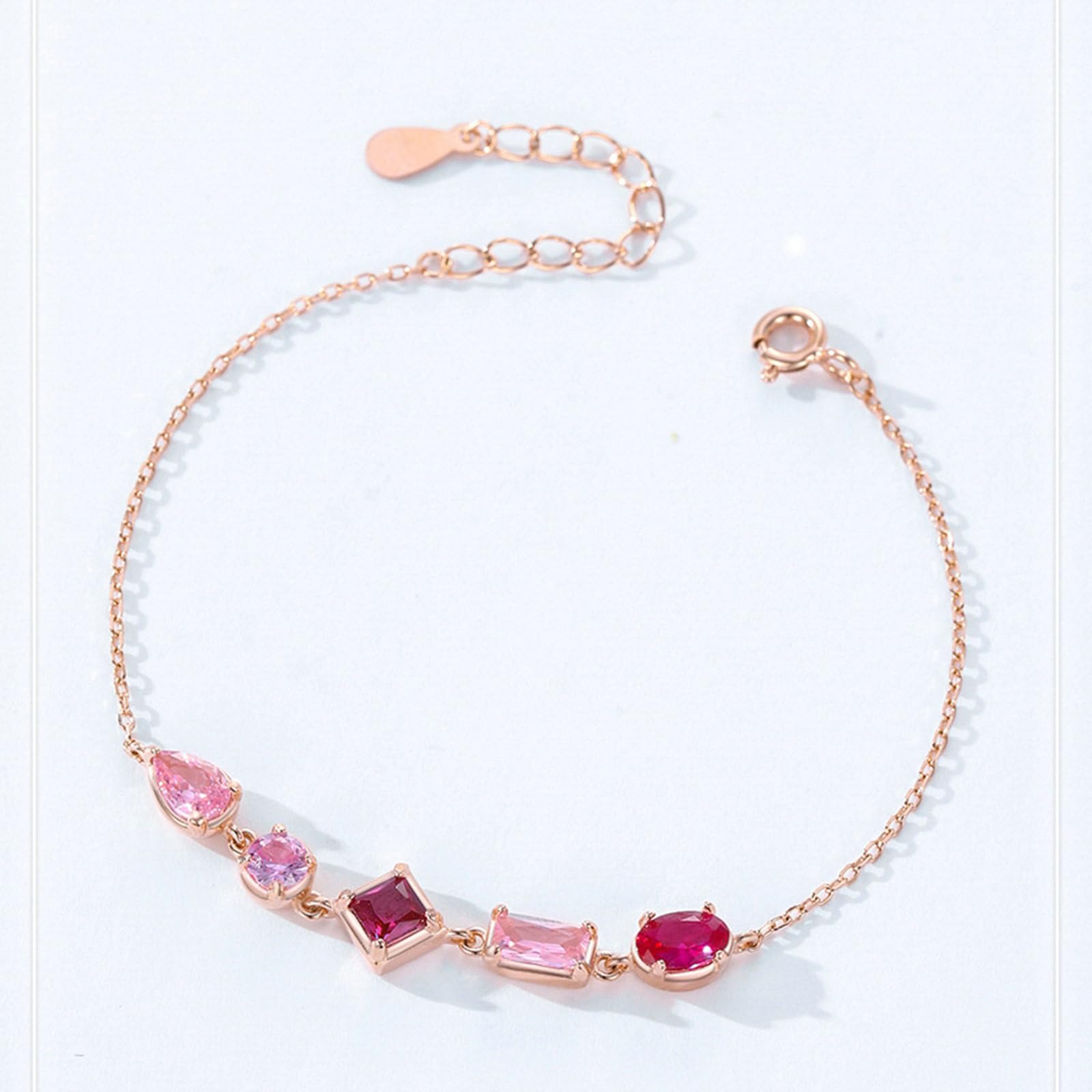 Delicadas pulseras de la amistad para mujer con zafiro rosa creado y rubí creado, elegantes pulseras minimalistas para ella, oro rosa de 18 quilates | Tamaño 19 + 3 cm