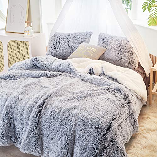 Joyreap 3-Piece Plush Shaggy Comforter Set, Full/Queen Size Luxury Faux Fur Sherpa Reversible Bedding Comforter Set, Ultra Cozy Warm Fluffy Bedding Set For Winter (Gray N White, 88X88 Inches) #TOP2