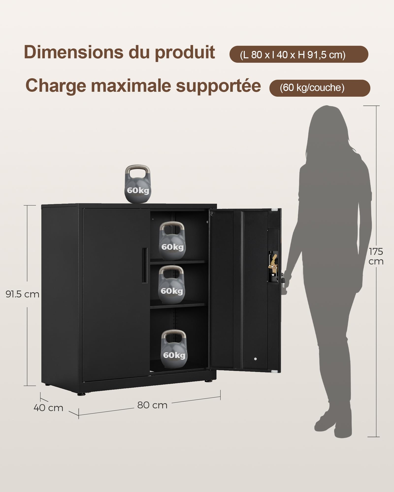 LAND·VOI Armoire en Acier 3 Niveaux avec Serrure Étagères Réglables Portes Battantes Armoire de Bureau Rangement Métallique pour Bureau Garage Cuisine Atelier 80×40×91.5 cm Noir