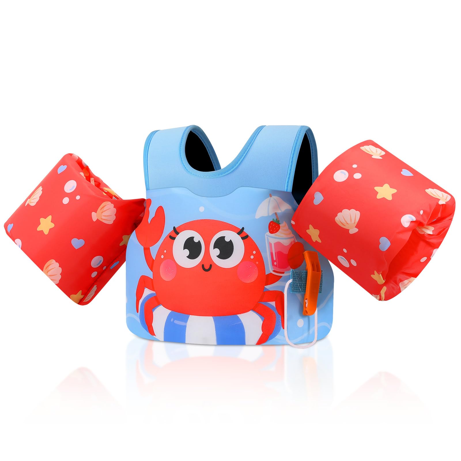 MoKo Toddler Swim Vest for Kids, Arm Floaties for Toddler 20-50 lbs, Water Wings with Emergency Whistle, Cute Arm Band Pool Floaties Swim Training Equipment for Pool, Blue & Ice Cream Crab