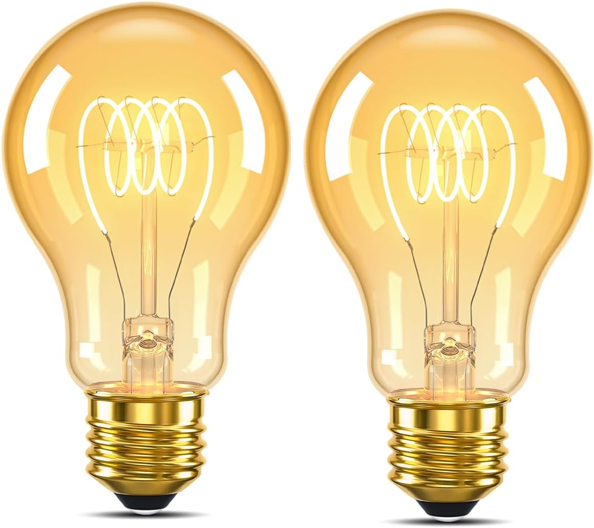 Dimmable A19 6W E26 LED Edison Bulbs Vintage Amber Light Bulbs 60 watt Antique Spiral Filament Warm White 2200K Decorative LED Light Bulb 600LM, CRI 90+, Pack of 2