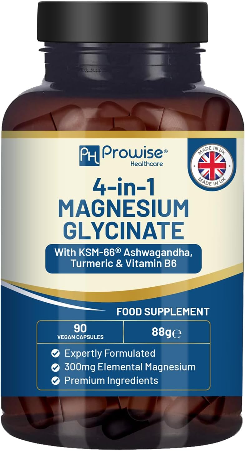 4-in-1 Magnesium Glycinate Added with KSM-66 Ashwagandha, Turmeric and Vitamin B6 | 90 Vegan Capsules | 4,001 mg per Serving | Easy to Swallow Capsule | GMO & Gluten Free | Premium Quality by Prowise