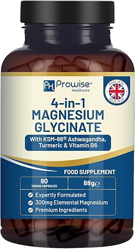 Glicinato de magnesio 4 en 1 añadido con Ashwagandha KSM-66, cúrcuma y vitamina B6  90 cápsulas veganas  4,001 mg por porción  Cápsula fácil de