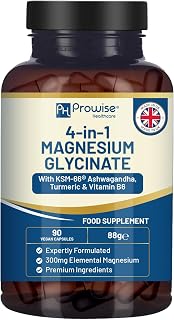 Glicinato de magnesio 4 en 1 con KSM-66, ashwagandha, cúrcuma y vitamina B6 | 90 cápsulas veganas | 4001 mg por porción | Cápsula fácil de tragar | Si