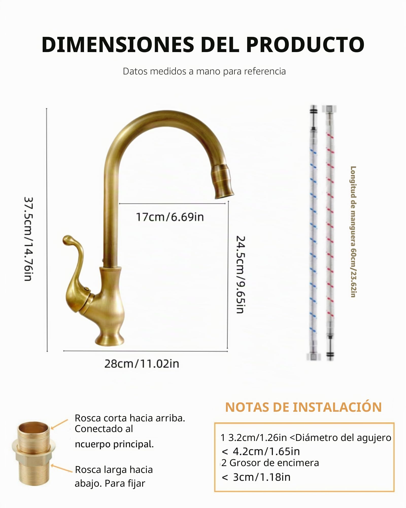 Grifo Cocina Alto Latón Antiguo, Mezclador Monomando Fregadero Bronce Retro, Giratorio 360° Griferia Lavabo Baño Cobre con Caño Alto de Arco