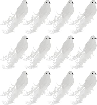 12 Pack Artificial White Doves, White Doves Decoration with Metal Clips, Simulation Feather White Mini Birds Clip on Tree Ornaments for DIY Crafts Christmas Ornaments, Wreaths, Wedding DecorWhite