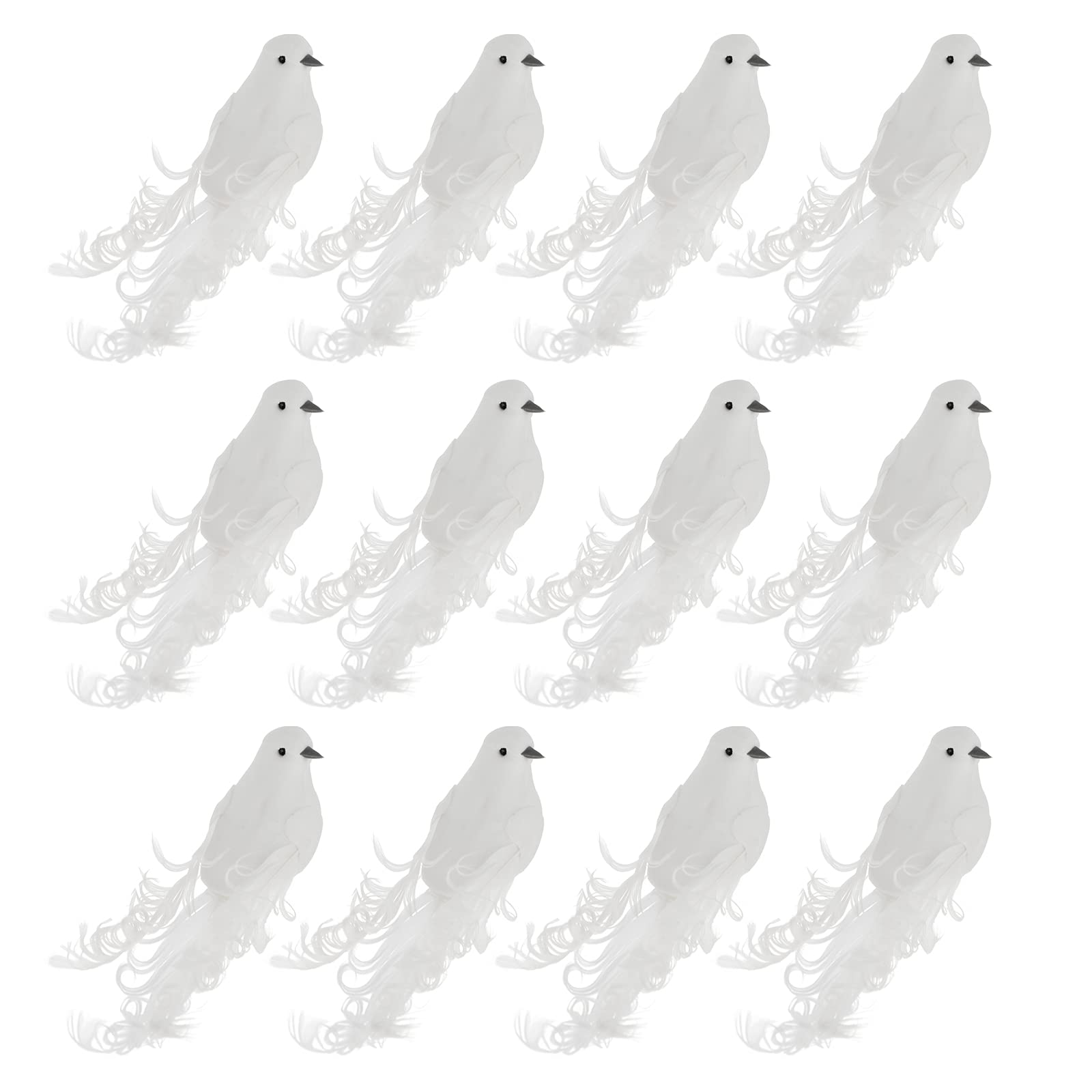 ZHDOKA 12 PCS Artificial White Feathered Birds, 5in Christmas Dove Birds Simulation Feather Long Tail Birds with Clips for Halloween Party Christmas Tree Ornament Decoration(White)