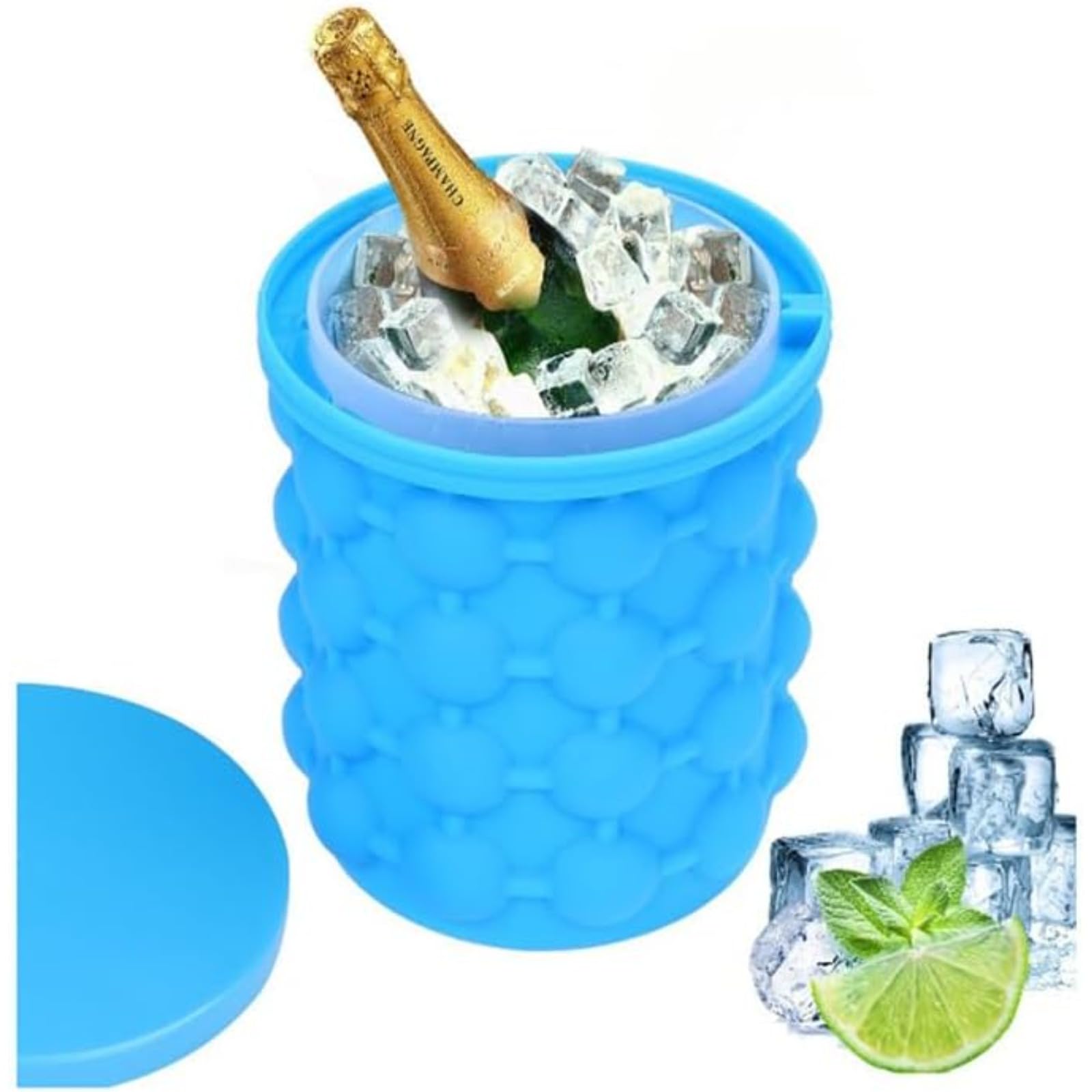 HALAMODO Ice Cube Mold, Silicone Ice Bucket Ice Cup with Lid, Press Type Easy-Release Ice Trays Ice Cube Maker for Frozen Cocktail, Whiskey, Beverages (Sky Blue)