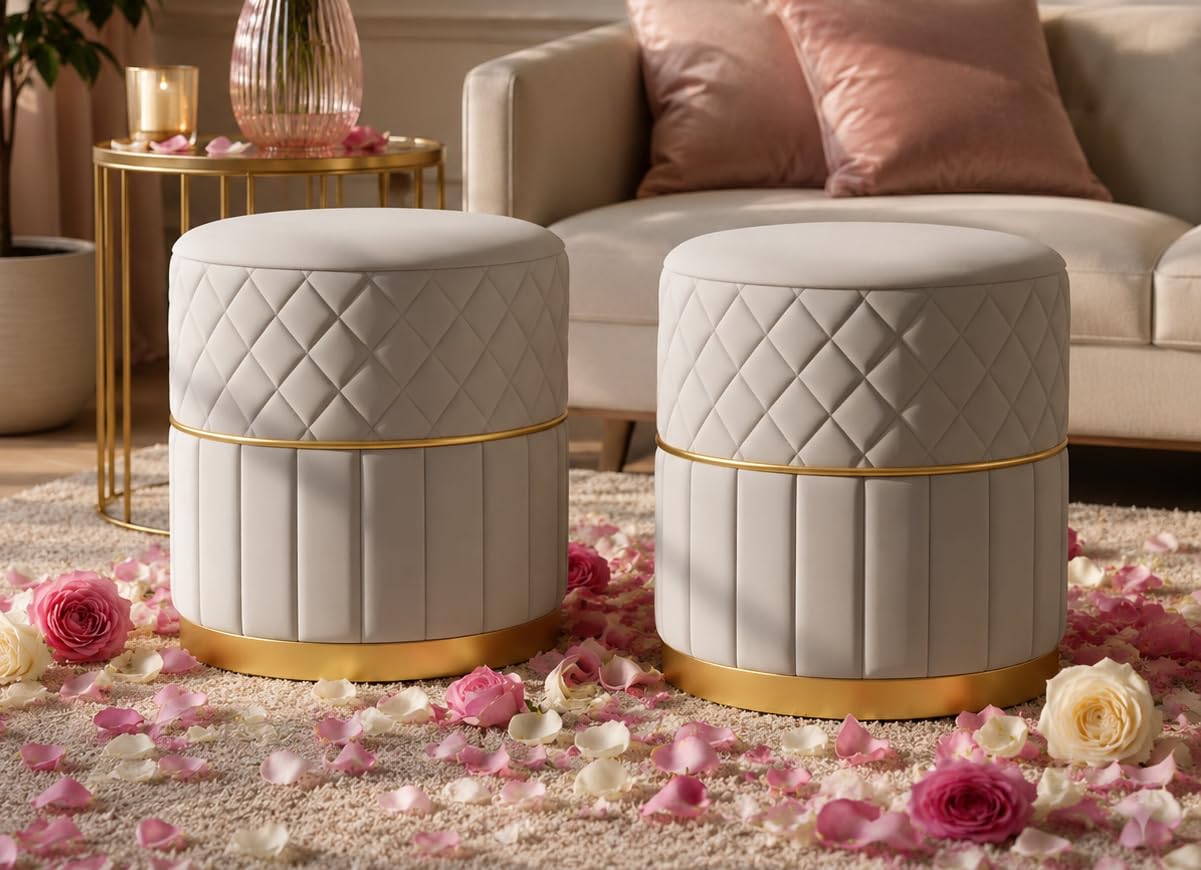 Belissa Premium Upholstered Storage Ottoman Pair with Quilted Finish and Stylish Metallic Base – Elegant Accent Furniture for Living Room, Lounge and Bedroom (Grey)-image-46