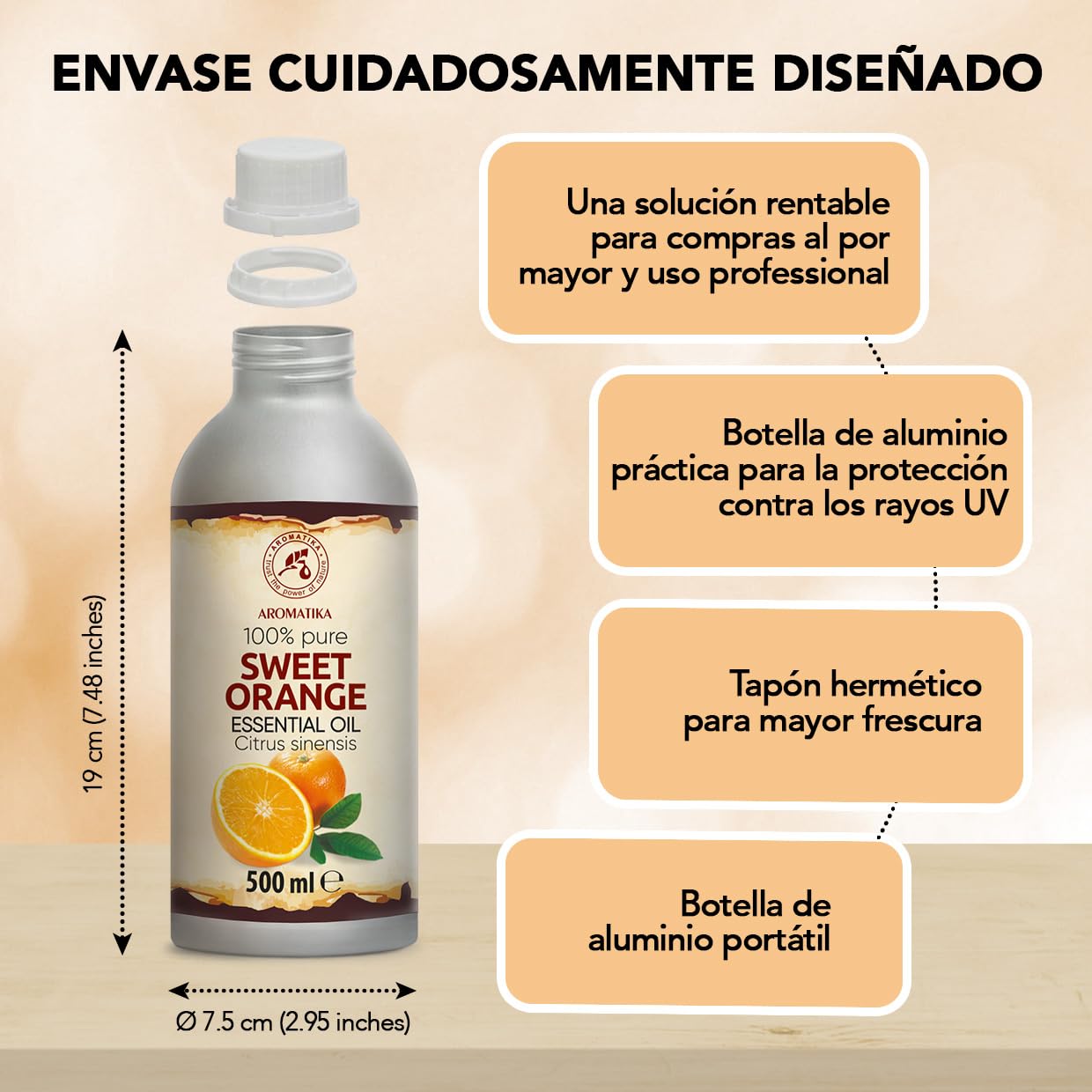 Aceite Esencial de Naranja Dulce 500 ml - Citrus Sinensis - Natural y Puro - Aceite de Naranja para Difusores - Fragancias para el Hogar - Jabones y Velas - Sauna - Aroma Cítrico - Aromaterapia