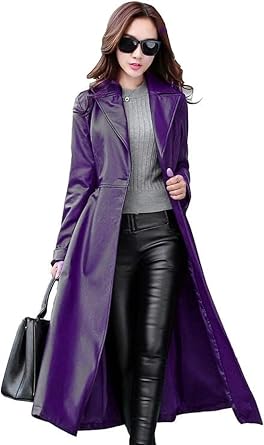 Womens Trench Coat Leather Lambskin Long Overcoat Jacket Real Genuine Black-Red For Women
