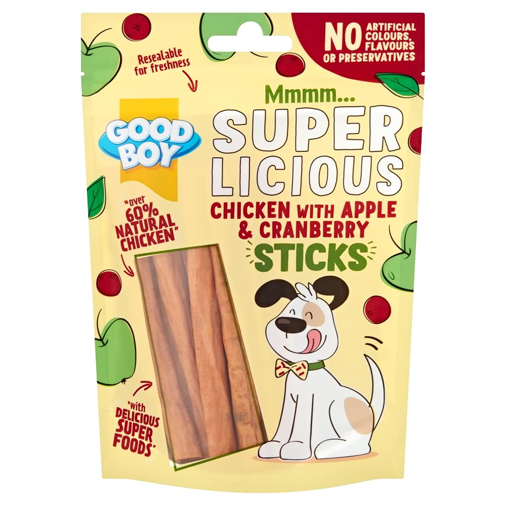 WUNDAPETS GOODBOY SUPER LICIOUS NATURAL MEAT DOG PUPPY TREAT SOFT CHEW STICKS,CHICKEN WITH APPLE & CRANBERRY, CHICKEN WITH BROCCOLI & SWEET POTATO, 100G (CHICKEN WITH APPLE & CRANBERRY, 1 PACK)