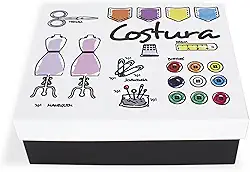 Geguton - Caixa Costura - Aço com Divisórias Internas - Organização e Decoração - Preto Fosco e Branco com Estampa