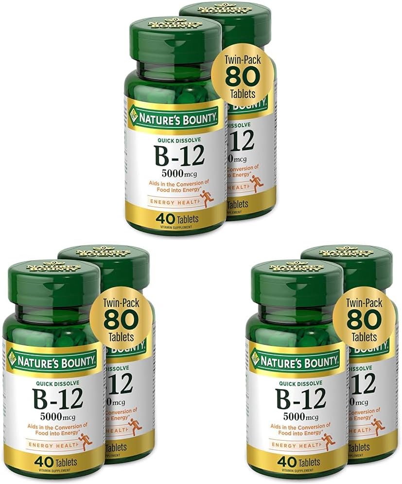 Nature's Bounty Vitamin B12, Quick Dissolve Vitamin Supplement,Supports Energy Metabolism and Nervous System Health,5000mcg,40 Tablets,(Pack of 6)