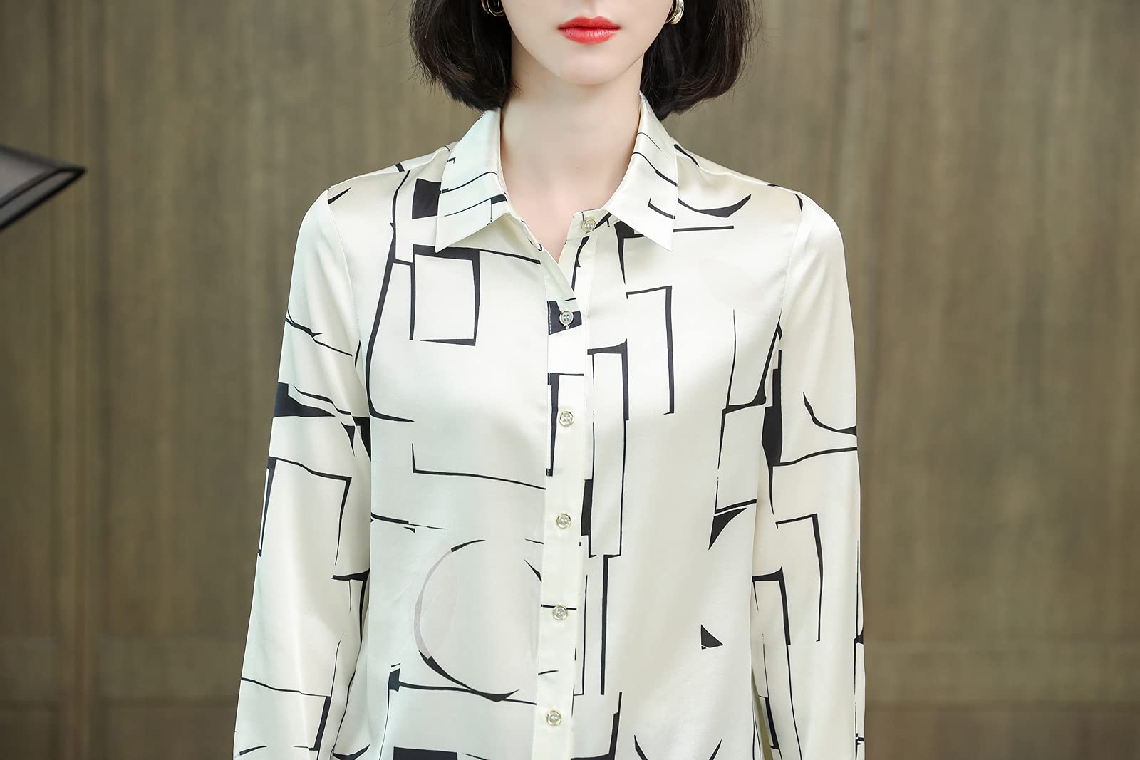 DISSA Chemise Soie Imprimé Géométrique Col Revers Manches