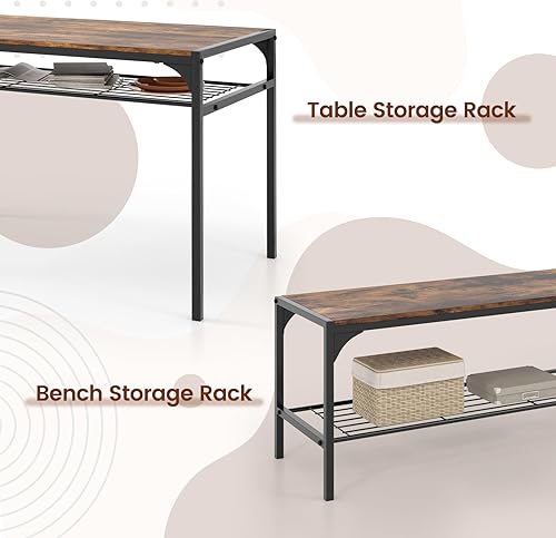 Miniatura 4 de COSTWAY Juego de mesa de comedor de 4 piezas, mesa de cocina y 2 sillas para 4 con banco, estantes de almacenamiento, marco de metal y diseño que