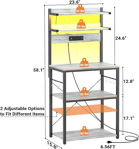 Miniatura 7 de Aheaplus Estante para panaderos con toma de corriente, soporte para microondas, estación de barra de café de 5 niveles con luces LED, estante de