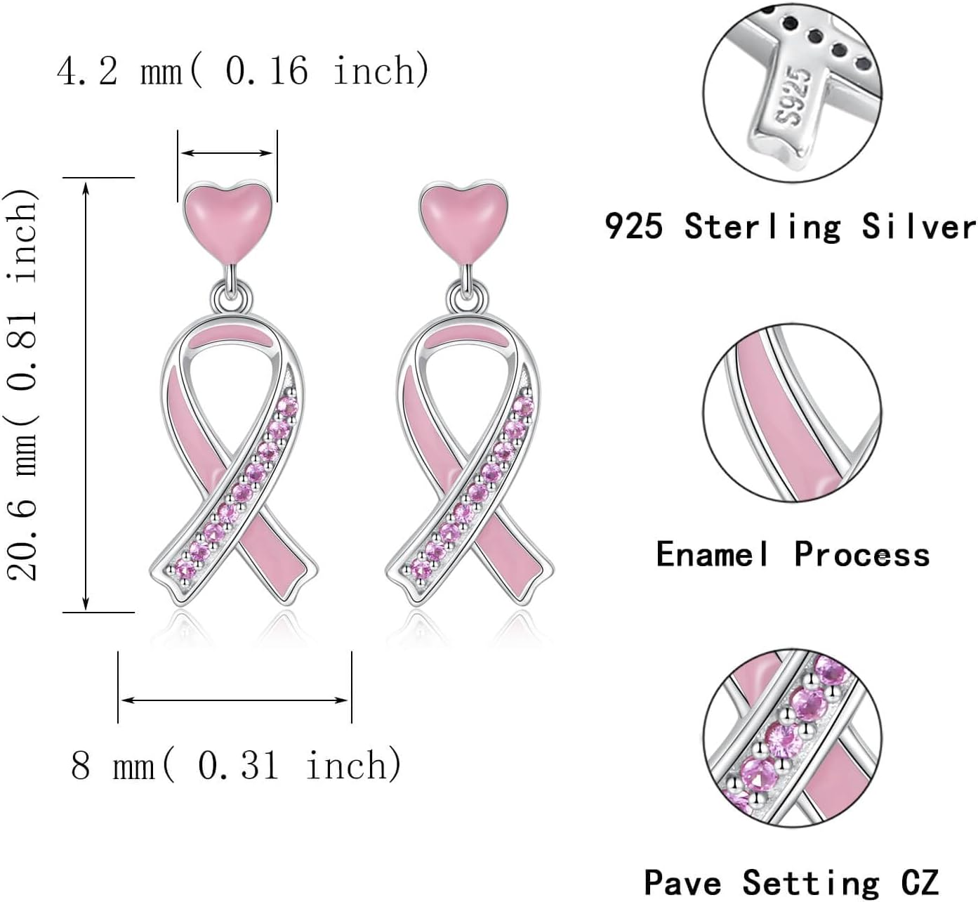 Breast Cancer Awareness Earrings for Women: Sterling Silver Pink Ribbon Jewelry Strength Gifts for Cancers Survivor Patient