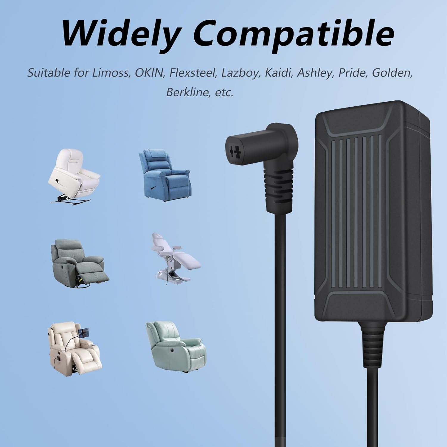 29V 2A Massage Chair AC/DC Power Supply, Recliner Chair Power Adapter with Extension L Shape Cable Cord for Limoss, Electric Power Recliners, Lift Chairs and Adjustable Beds