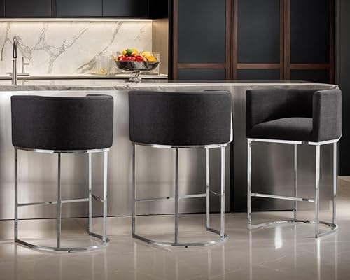 Miniatura 77 de Juego de 4 taburetes de bar contemporáneos de lino color crema, de 32 pulgadas, de tela tapizada, altura de mostrador, taburetes de cocina con base