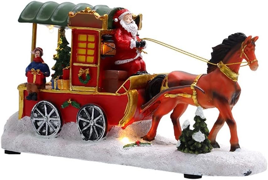 Christmas Carriage Figurine Resin Craft Luminous Desktop Ornament Luminous Music Snowy House Christmas Decoration Home Decor