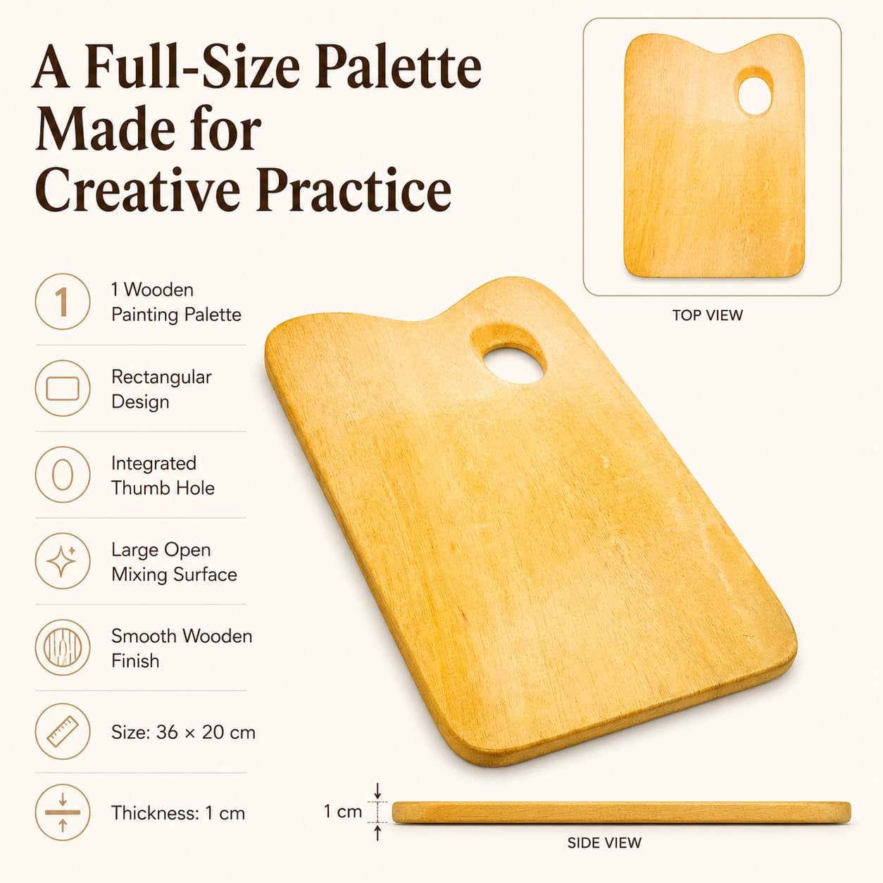 ArtRight Wooden Rectangular Painting Palette - Handmade Paint Palette with Thumb Hole for Acrylic, Oil, Gouache Watercolor Painting - for Professional Artists, Art Enthusiasts & Kids 4