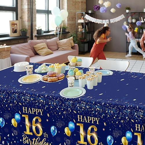 GREHUMOR 16th Birthday Decorations Men-3pcs Navy Blue 16th Birthday Table Covers Rectangle Waterproof Plastic Gold Blue Birthday Tablecloth for Men 16th Birthday Party Supplies by GREHUMOR - Image 4