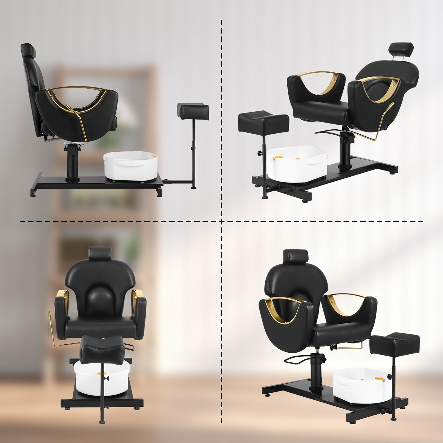 Pedicure Station No Plumbing, Hydraulic Pedicure Chair, Height Adjustable Reclining Pedicure Station Unit, 360 Degree Swivel Foot Spa Chair with Footrest and Massage Foot Bath Gold Black