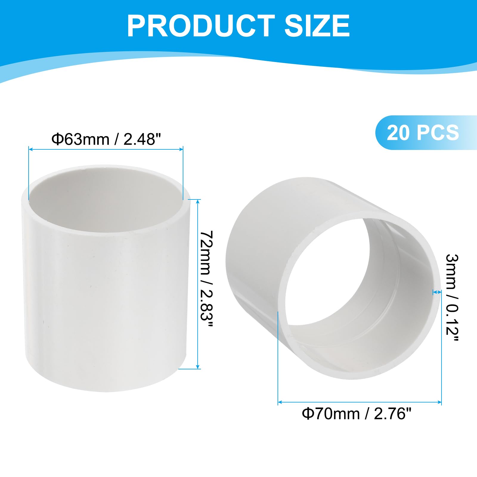 PATIKIL Adaptador Acoplamiento Tubería Recta PVC 2-1/2", 20 Piezas Conector Enchufe Tubería Recta para Uso en Sistemas Riego por Goteo Aspersión Industrial en el Hogar, Blanco