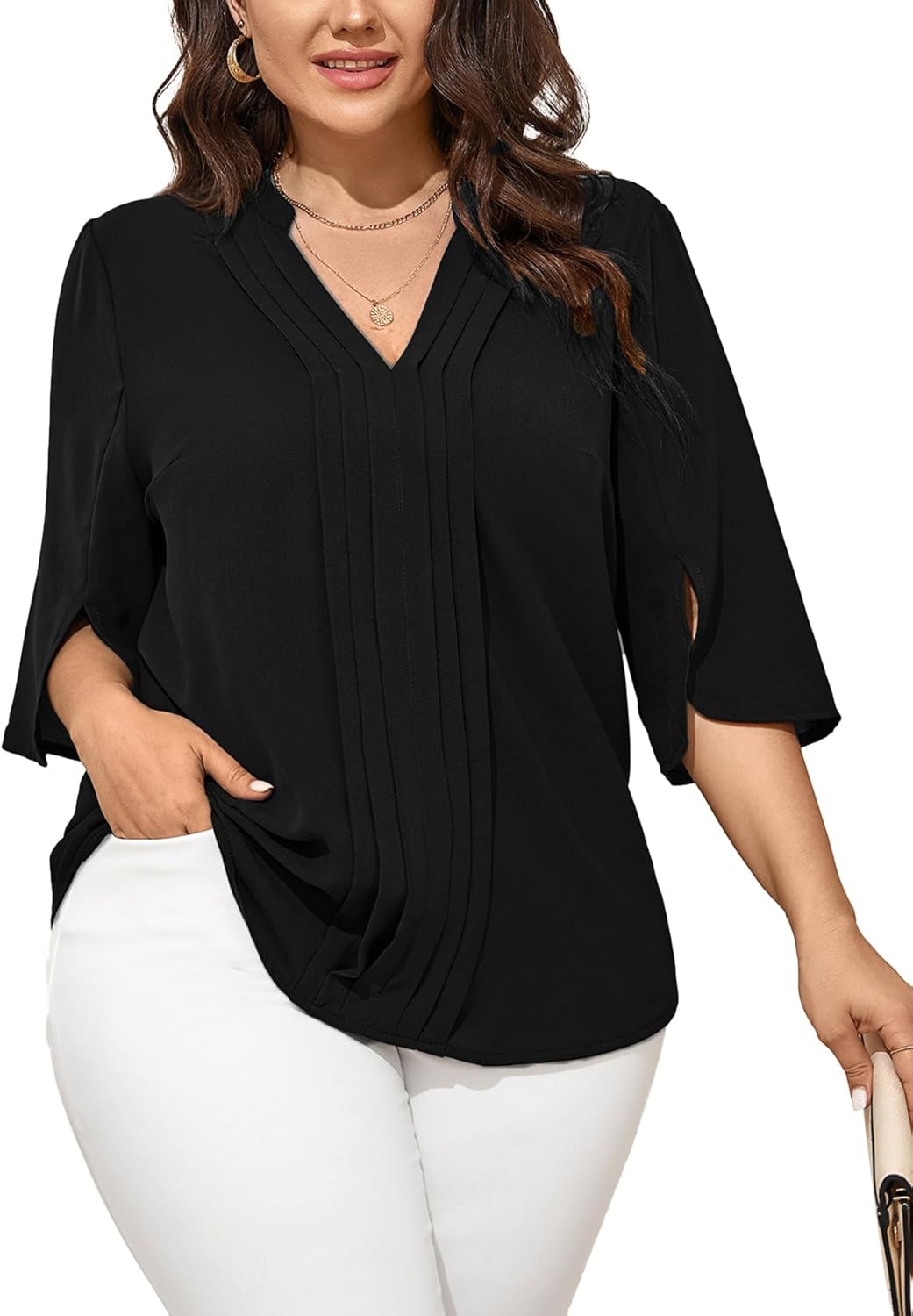 SCOMCHIC Women's Plus Size Blouses 3/4 Sleeve Dressy Tunic Tops Casual Loose V Neck Pleated Shirts