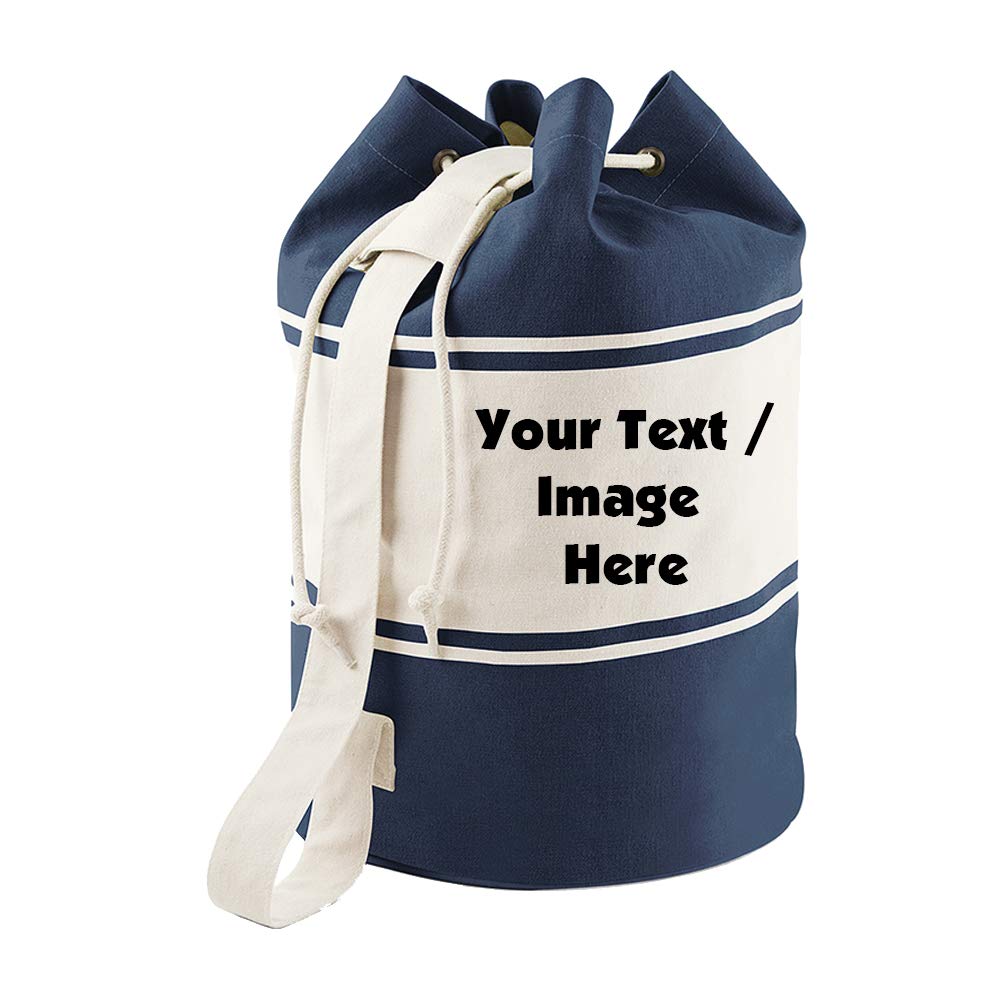 Getagift Personalised With Your Own Text/Image/Message Themed Natural Cotton Canvas Duffle Bag – Sports/Holiday Bag. (Navy Blue)