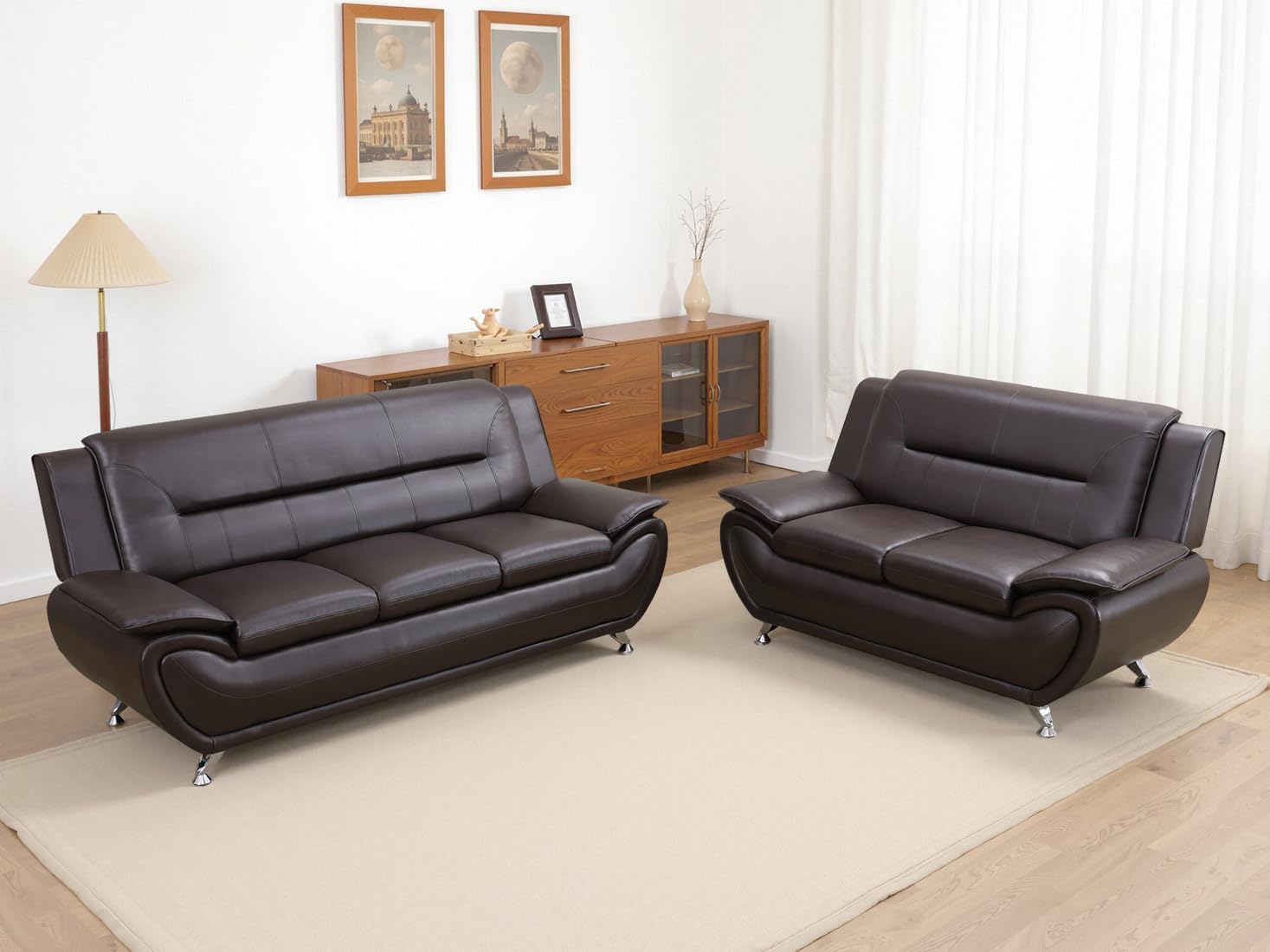 Living Room Furniture Set Breathable Leather Couches for Living Room, Set, Couch and Loveseat for Bedroom, Apartment (b-Leather Brown, Sofa+Loveseat)