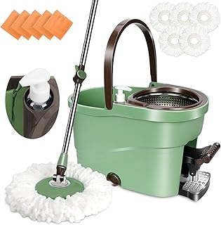 Midyb Spin Mop and Bucket Set, Mop and Buckets Sets with Foot Pedal & 5 Reusable Microfibre Pads, Wet & Dry Flat Floor Mops for Laminate Hardwood Tile Floor Cleaning - Send 5 Cleaning Cloths