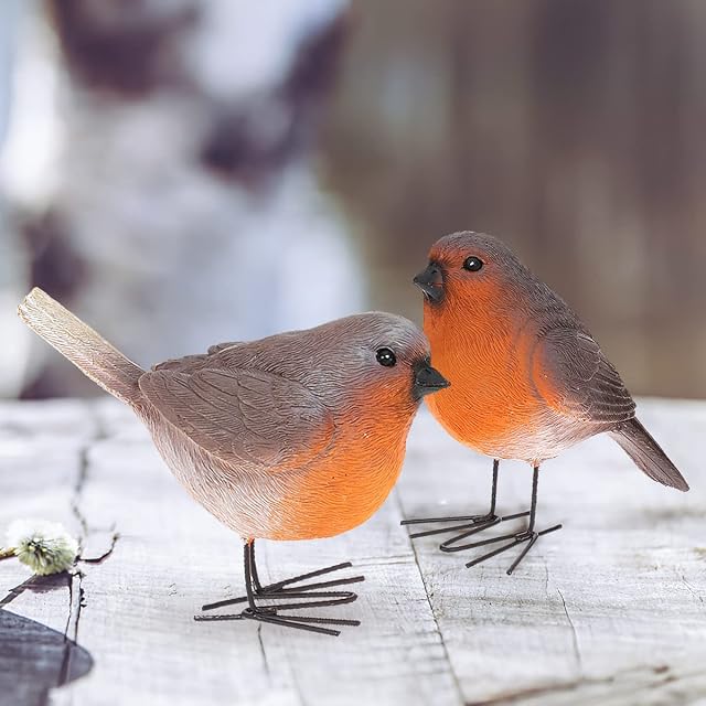 Garneck Set of 2 Robins Figurines - Resin Birds Garden Ornaments Realistic Robins Statues, Intricate Detailed Garden Decor Statue for Easter Christmas Decoration Indoor Outdoor