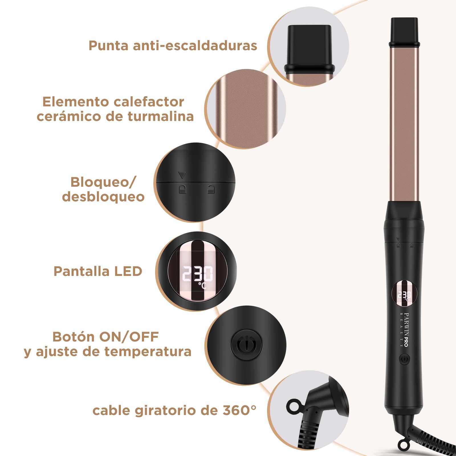 Rizador 5 en 1 PARWIN PRO BEAUTY Multifuncional Intercambiable Rizador con Turmalina Cerámica y 140-230°C Bigudí con LCD Display