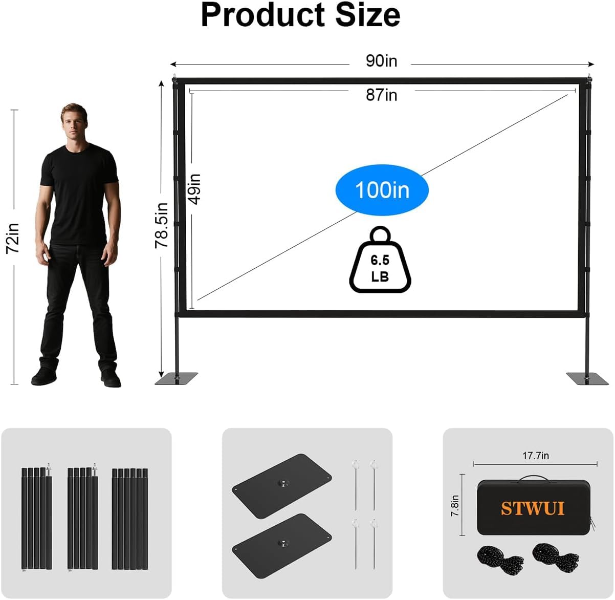 STWUI Outdoor Projector Screen with Stand-100 Inch 16:9 4K HD Portable Projector Screen Outdoor Indoor Front & Rear Projection Screen Lightweight Movie Screen with Carry Bag for Home,Backyard,Camping view 8
