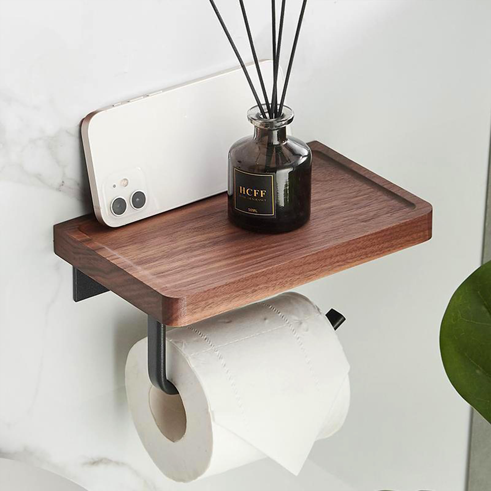 Toilettenpapierhalter zur Wandmontage, mit Kleber und Schrauben, stilvoller Taschentuch-Organizer aus Holz mit Ablage, Edelstahl-Papierrollenspender für Badezimmer (A, Weiß)